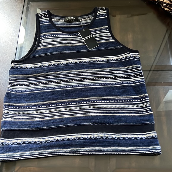 Lauren Ralph Lauren Striped Jewel Neck Sleeveless Sweater Top. - Picture 7 of 12